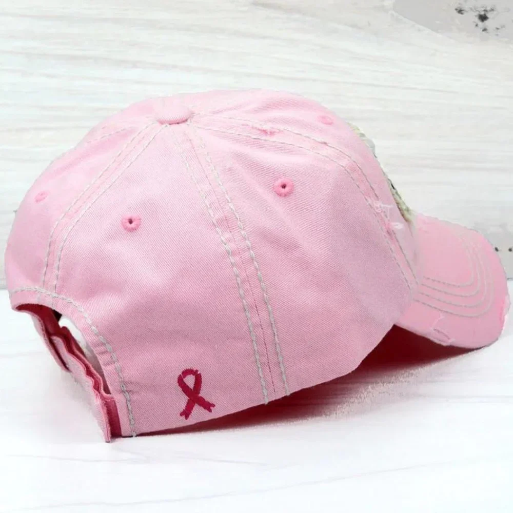 KBETHOS Pink Believe‎ Breast Cancer Ribbon Distressed Baseball Cap Hat NWT